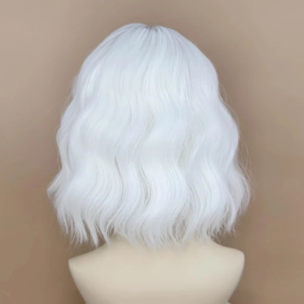 MSIWIGS Synthetic Short Women White Wavy Curly Wig with Bangs Lolita Cosplay Natural Fluffy Hair Wig for Daily Party