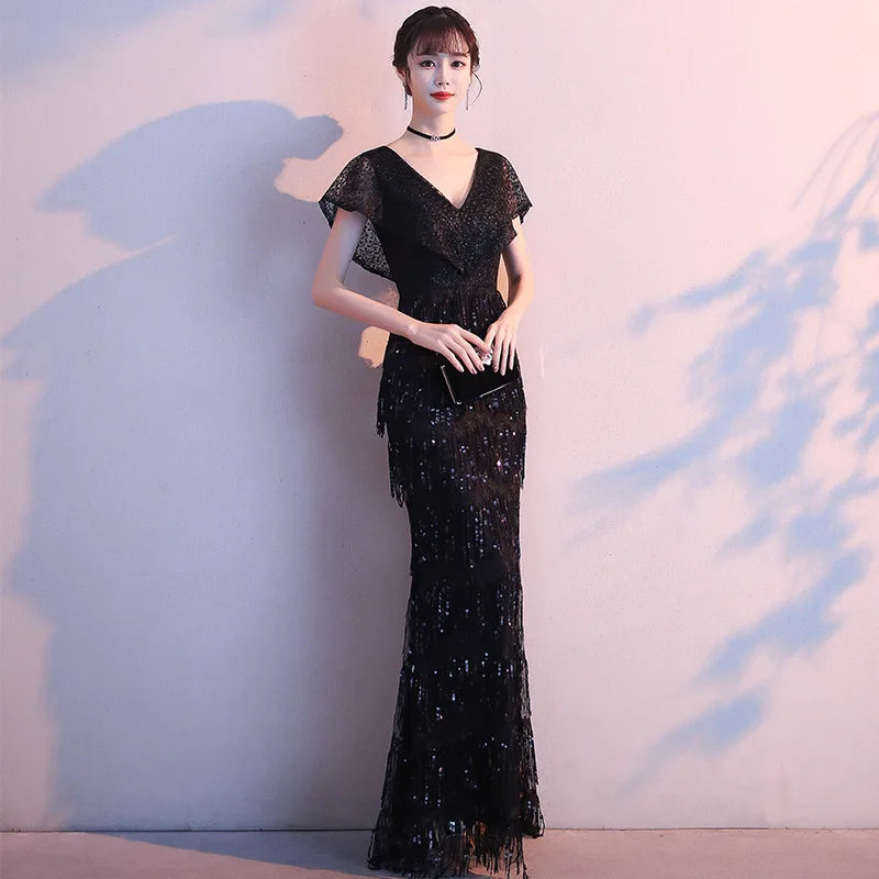 Black Evening Dresses Long Skirt Short Sleeves Mermaid Women Party Gown 2023