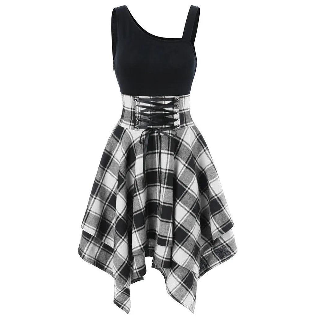 Womens Dresses Punk Gothic Plaid Patchwork Lace Up Dress Sleeveless Irregular Summer Dress Vestidos Mujer Streetwear