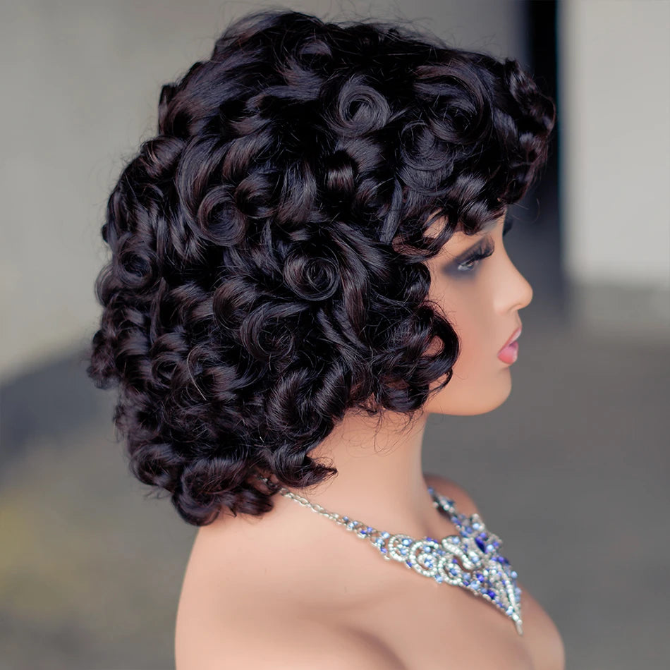 Rose Curly Wig With Bangs Fumi Human Hair Full Machine Made Loose Wave Short Bob Wigs For Women 250% Virgin Brazilian Pixie Cut