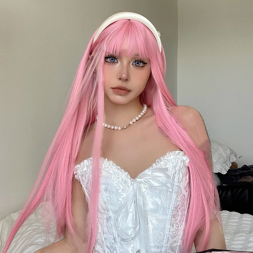 Light Pink Long Straight Synthetic Wigs with Bangs Cosplay Halloween Lolita Colorful Wig for Women Afro Natural Heat Resistant