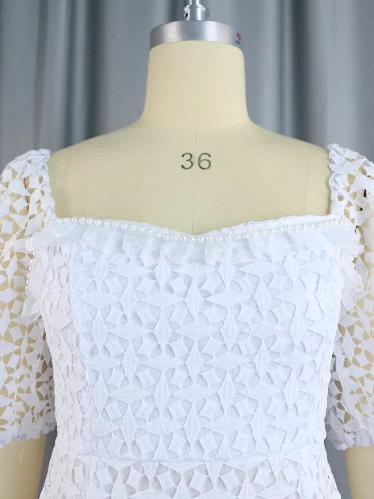 Women's Vintage White Lace Dress Chic Square Neck Puff Sleeve Summer Elegant Wedding Guest Cocktial Birthday Clothes XXXL