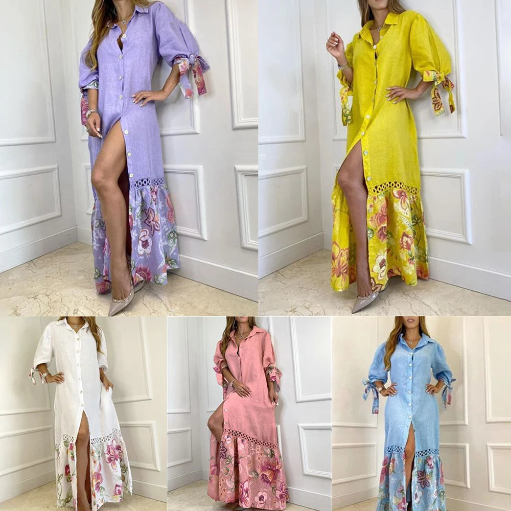 Elegant Women Lapel Neck Loose Long Dress Summer Casual Lace Patchwork Print Shirts Maxi Dress Single Breasted Beach Party Dress