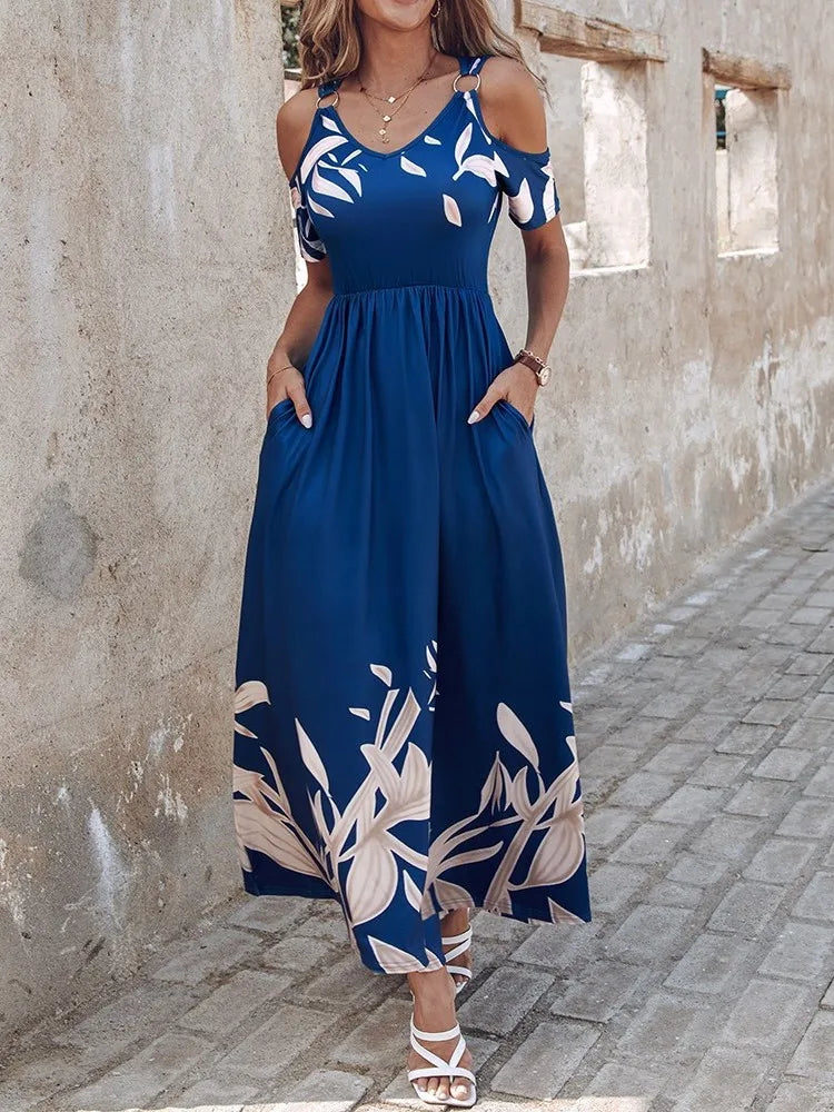 Summer Women Print Dress Fashion Sexy V Neck Short Sleeve Off Shoulder Casual Elegant Maxi Dresses Female Clubwear Casual Dress