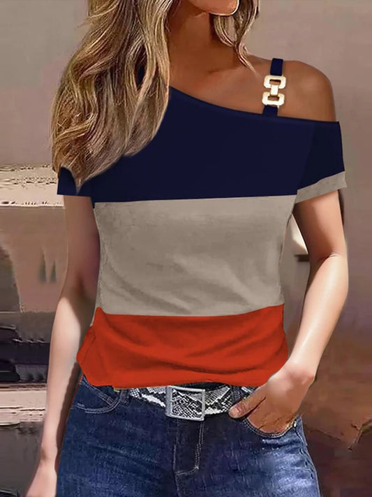 Stripe One Shoulder Short Sleeve Casual Blouse Tops T-shirt