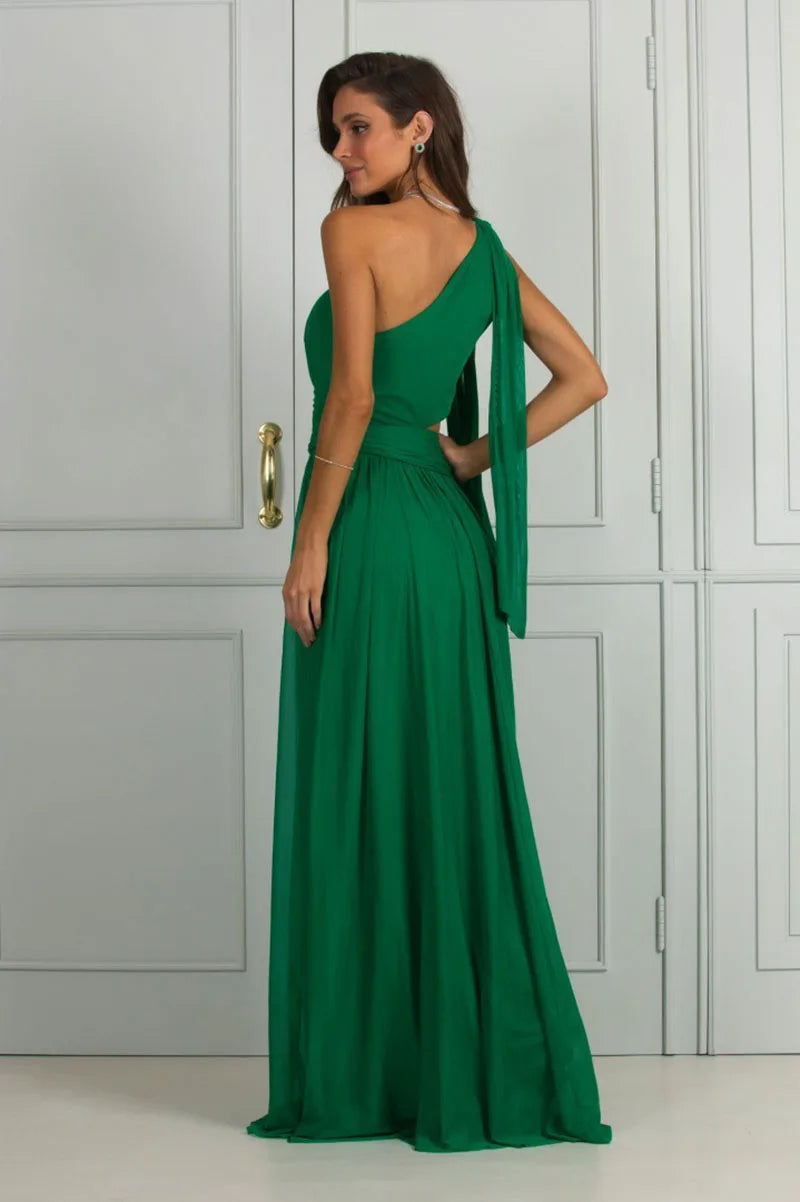 Sexy Women Green Hollow Out Party Dress Elegant One Shoulder Ribbon Ruffle Evening Dress Fashion Female High Split Vestido Robe