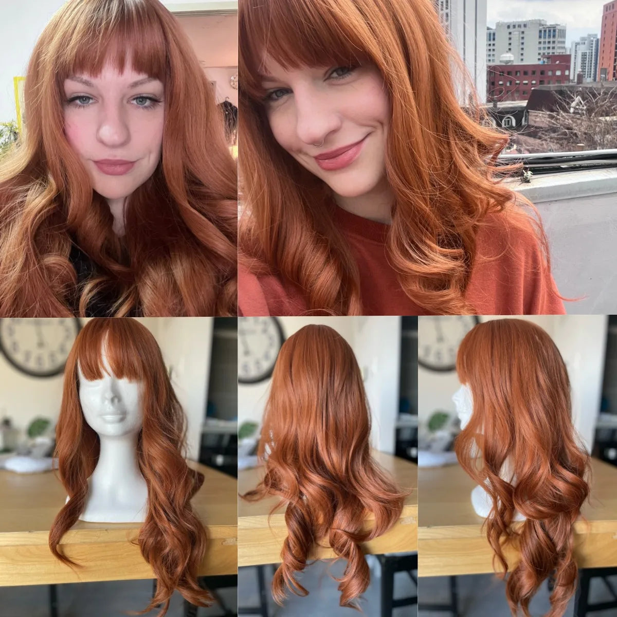 LOUIS FERRE Red Brown Ginger Copper Synthetic Wigs Long Wavy Fake Hair With Bangs Daily Cosplay Women's Wigs Heat Resistant Hair