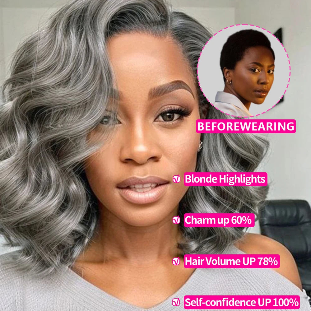 Salt and Pepper Loose Wave Lace Front Bob Wig Human Hair Side Part Glueless 5x5 HD Closure Lace Wig Ready To Go for Black Women