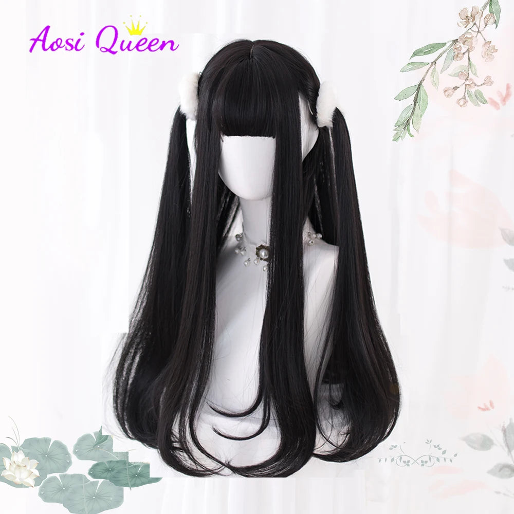 AS Long Straight Black Synthetic Wig For Woman With Bangs black Cosplay Lolita Wigs Heat Resistant Natural Hair