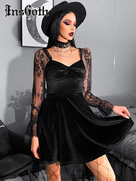 InsGoth Gothic Velvet Lace Lantern Sleeve Twisted Dress Women's 40s 50s Retro V Neck Backless Bodycon Goth Dresses Clothes