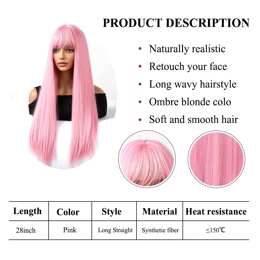 Light Pink Long Straight Synthetic Wigs with Bangs Cosplay Halloween Lolita Colorful Wig for Women Afro Natural Heat Resistant