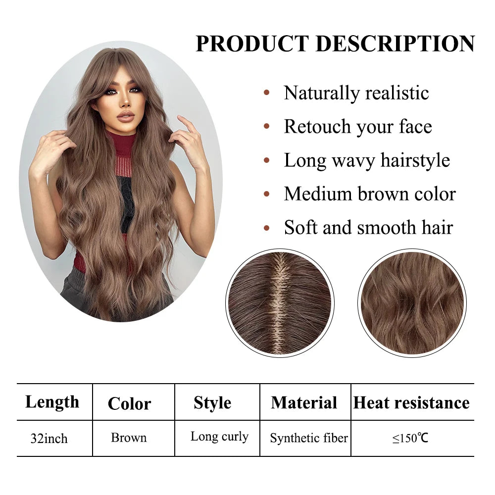 Super Long Curly Wavy Brown Synthetic Wigs with Bangs Cosplay Party Halloween Natural Afro Hair for White Women Heat Resistant