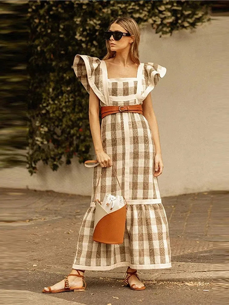 Ladies Vintage Patchwork Maxi Summer Dress Women High Waist Fly Sleeve Dress Female Elegant Chic Beach Long Dress Female Robes