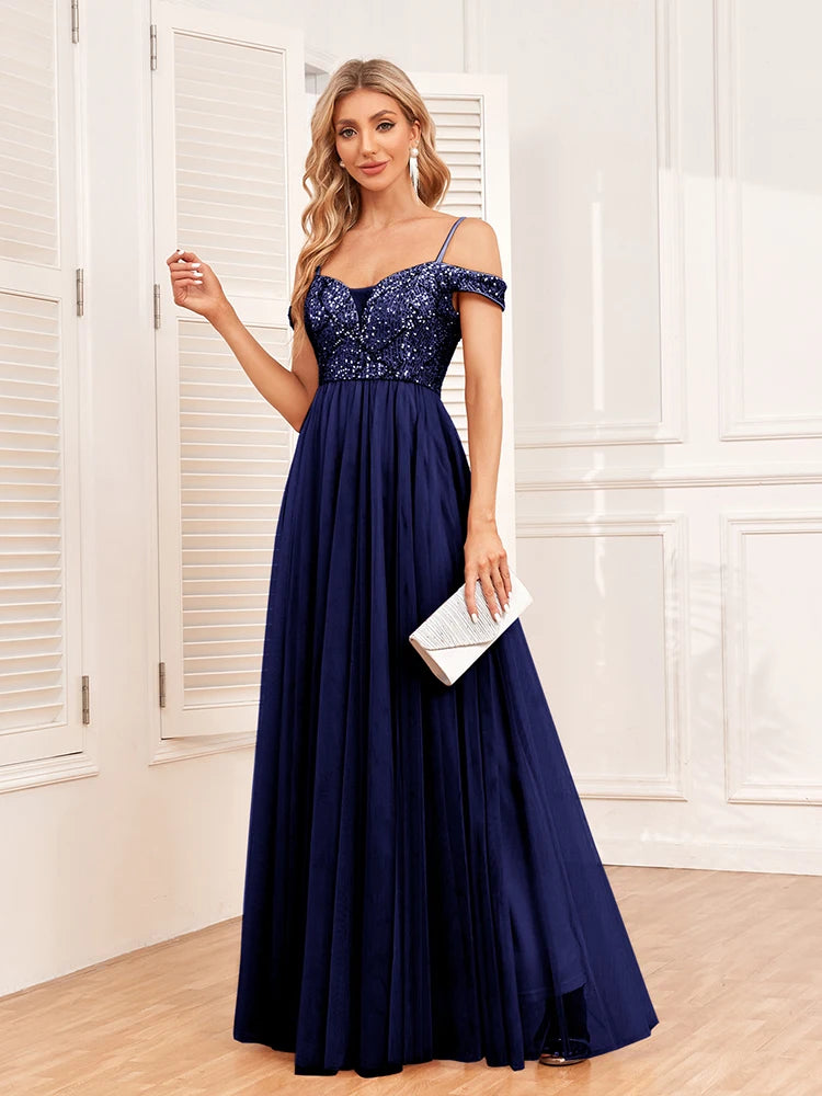 Women's Elegant Spaghetti Strap Sequin Tulle Long Evening Dress A-line Swing  Wedding Bridesmaid Dress