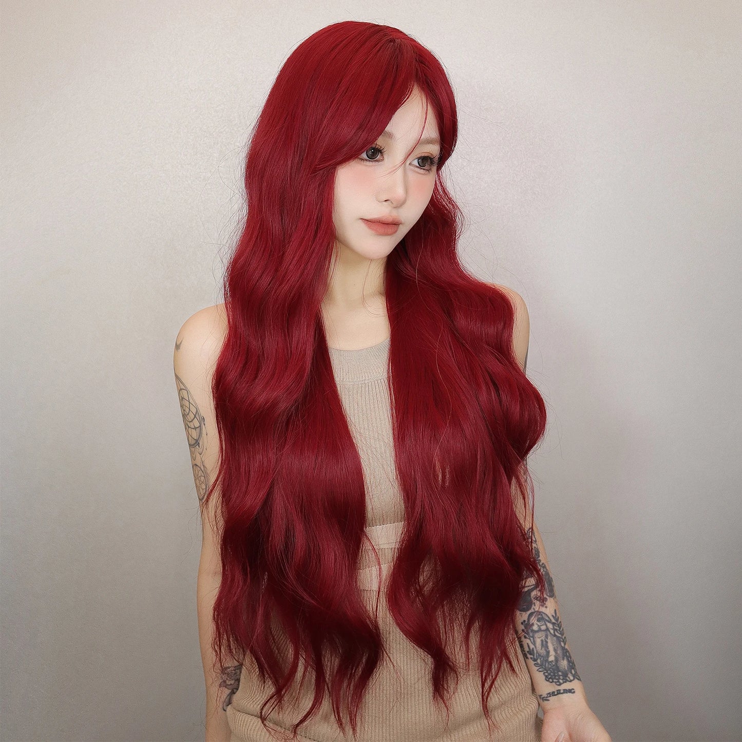 Long Body Wave Wig with Bangs Burgundy Wine Red Colorful Party Wig for Women Natural Daily Cosplay Synthetic Hair Heat Resistant