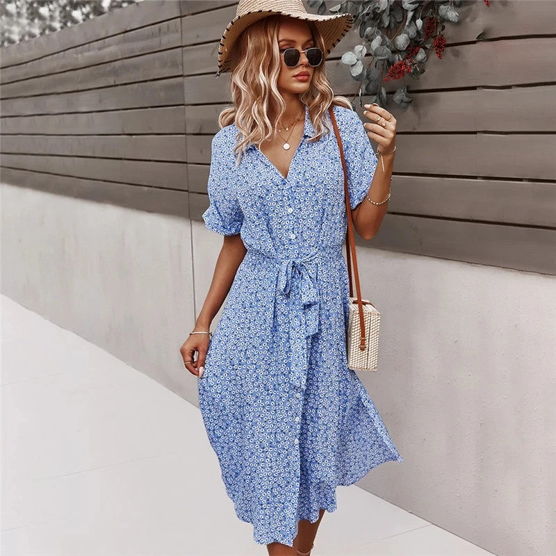 Summer Women Floral Print Dress Casual Short Sleeve Button Holiday Midi Dresses Female V-Neck Beach Boho Chic Dress Elegant Robe