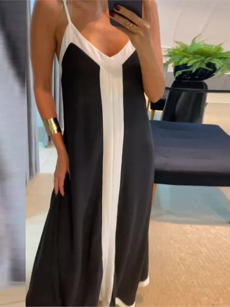 Women Casual V Neck Long Dress Summer Chic Stitching Color Loose Hem Dresses Elegant 2024 Backless Sleeveless Sling Maxi Dresses