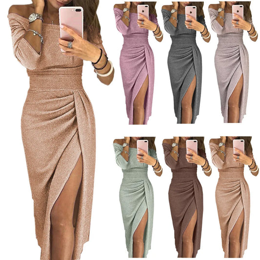 Sexy New Off Shoulder Women Dress Summer Long Sleeve Bright Slit Bag Hip Long Dress Fashion Evening Party Dress Women Clothes