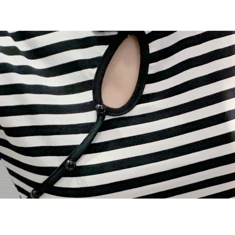 T-Shirt Fashion Sexy Hollow Out Stand Vintage Clasp Stripe Women