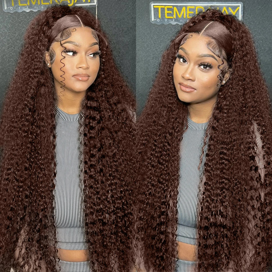 Rosabeauty Chocolate Brown Curly Wigs 13X6 HD Human Hair Lace Frontal Wig 30 32 Inch 13x4 Deep Wave Colored Glueless For Women