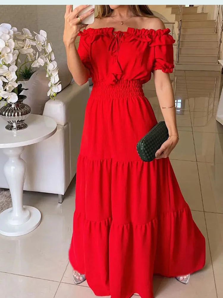 Elegant Solid Color Puff Short Sleeve Women Dress Ruffles Ong Shoulder Elastic Waistband Dresses Boho Style Robe Femme Vestidos