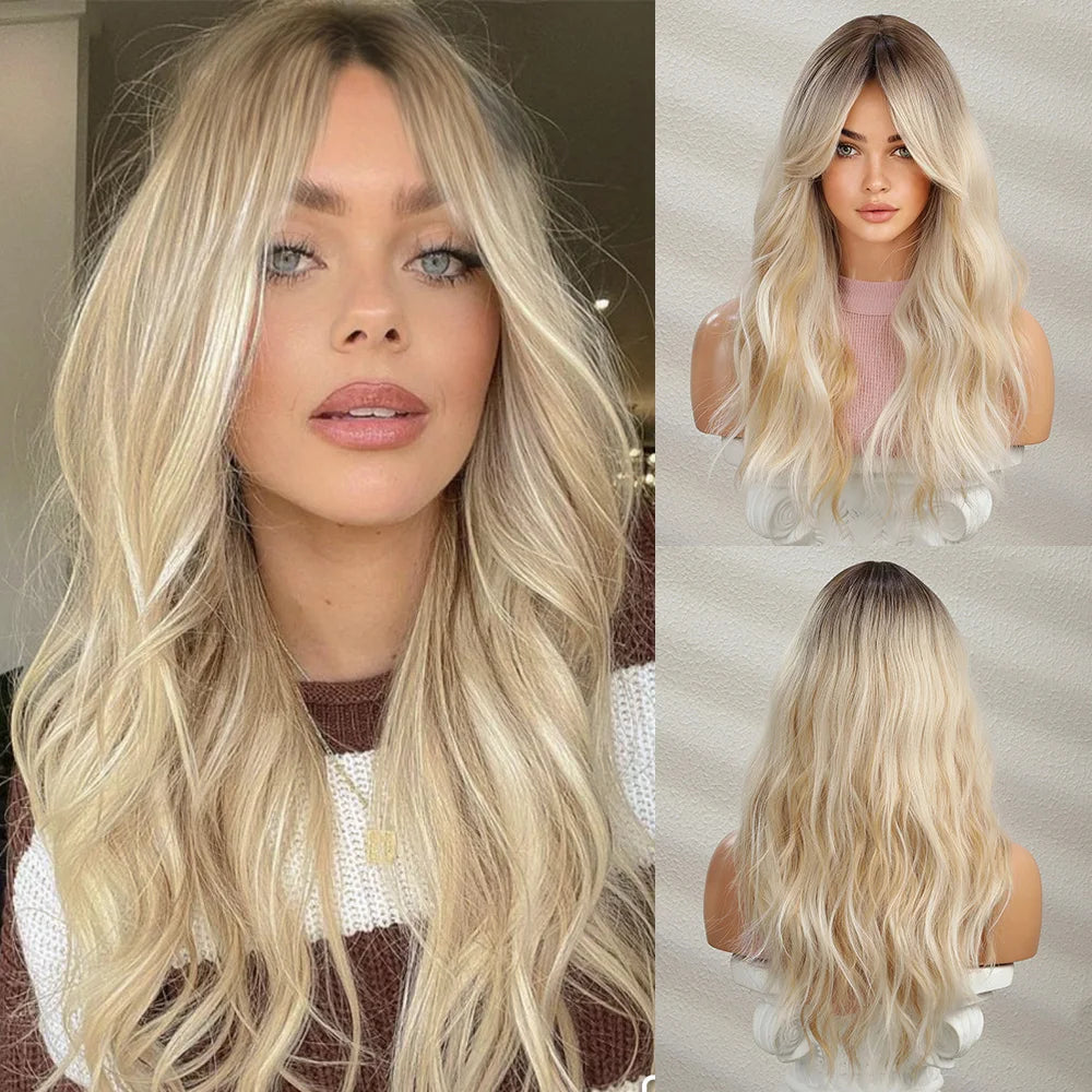 oneNonly Blonde Wig with Bangs Long Wave Good Quality Synthetic Wigs for Women Halloween Party Natural Heat Resistant Hair