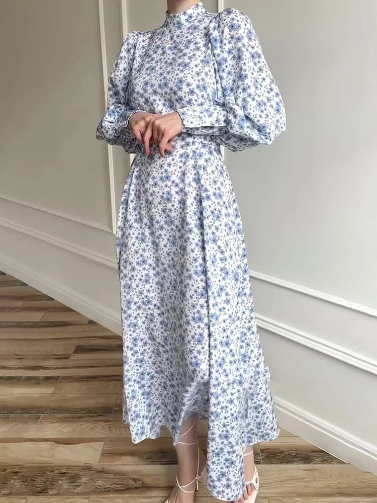 Long Dresses Women Spring Autumn Long Sleeve Bandage Satin Dress Female Elegant Floral Printed Holiday Maxi Dress Loose Vestidos