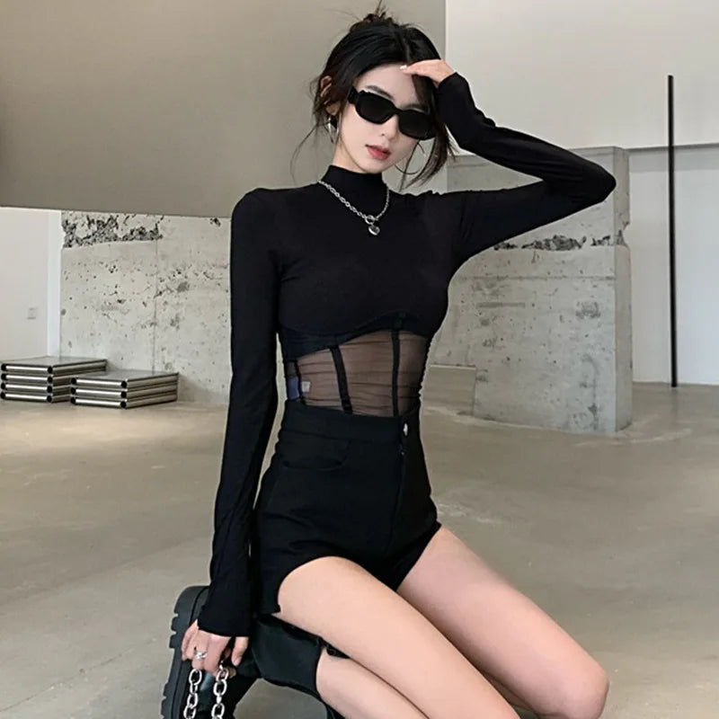 Summer See Through Sexy Mesh T Shirt Long Sleeve Woman Clothes Tops Black Girls Slim Tshirt Female Crop Top Tee Sexy Skinny Y2k