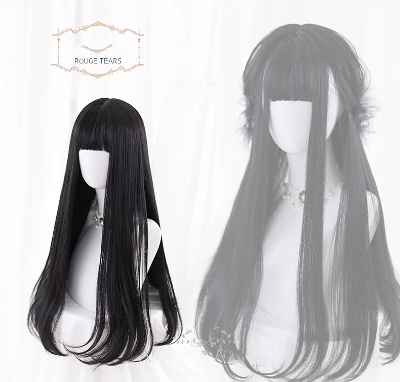 AS Long Straight Black Synthetic Wig For Woman With Bangs black Cosplay Lolita Wigs Heat Resistant Natural Hair