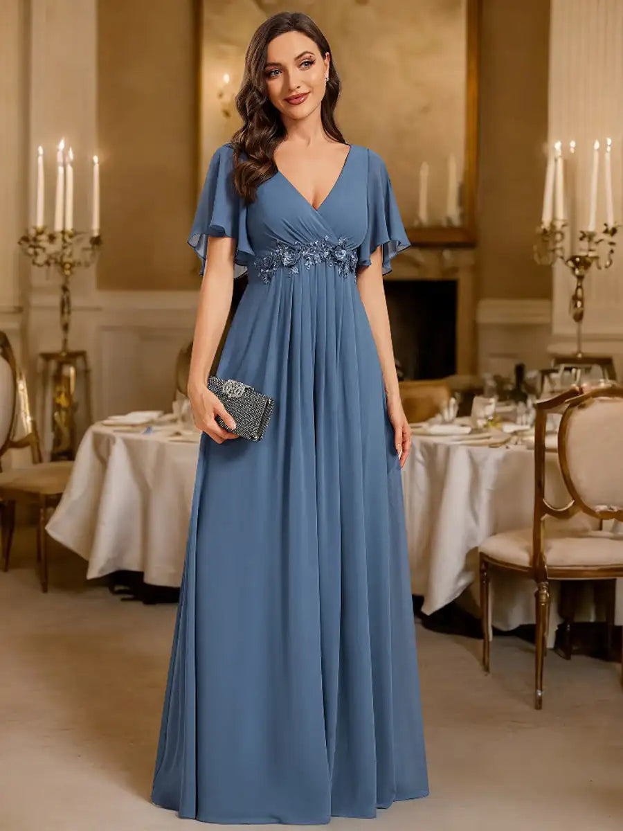 Elegant Evening Dresses Deep V Neck Appliques Pleated Floor-Length 2024 BAZIIINGAAA of Chiffon Dusty Navy Bridesmaid Dresses