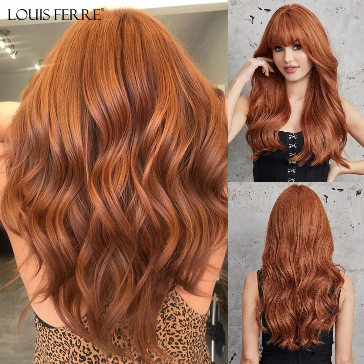 LOUIS FERRE Red Brown Ginger Copper Synthetic Wigs Long Wavy Fake Hair With Bangs Daily Cosplay Women's Wigs Heat Resistant Hair