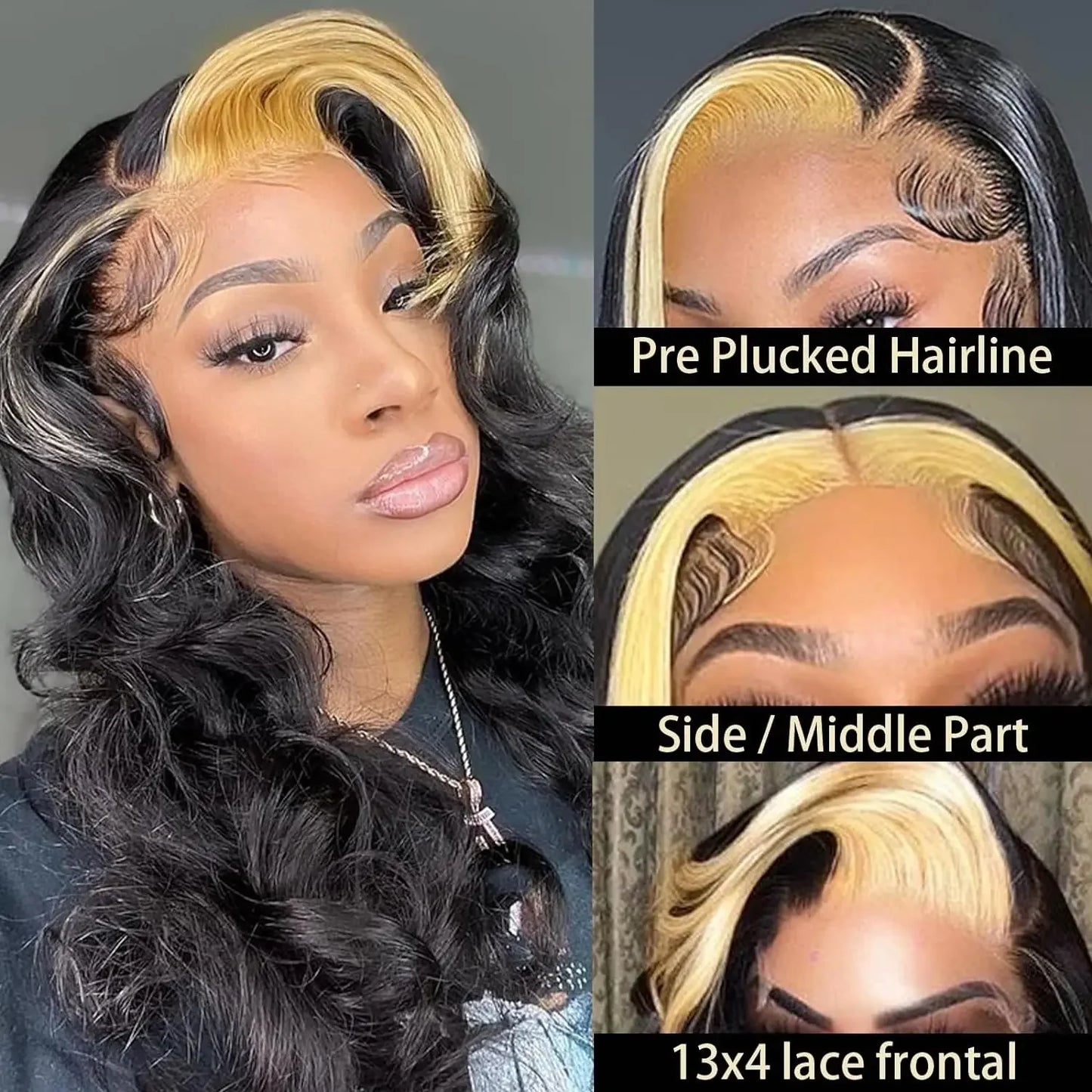 Skunk Stripe Highlight Blonde Body Wave 13X4 Lace Front Wig 180 Density Synthetic Ombre Blonde /Green Lace Wigs For Black Women