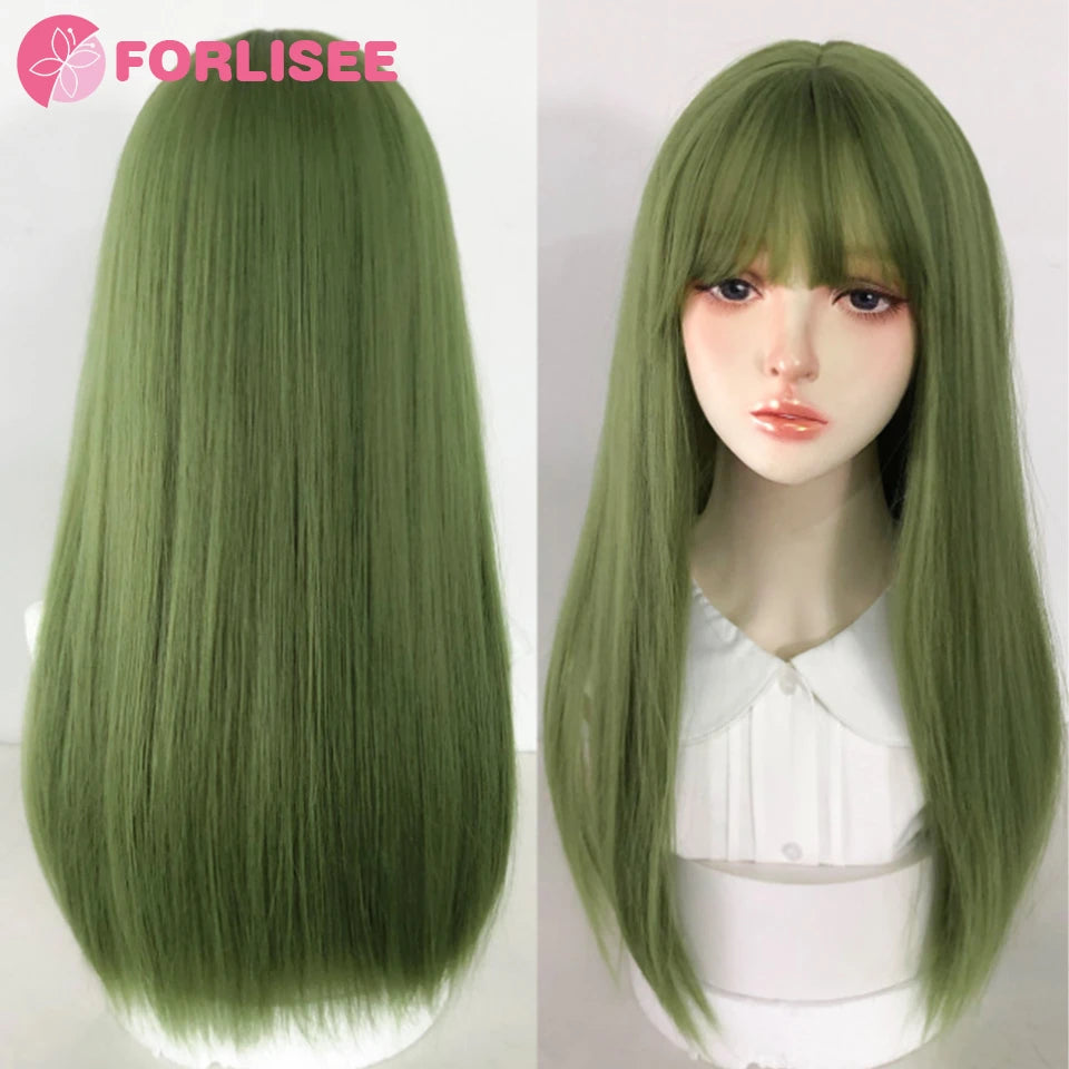 FORLISEE Cosplay Wig With Bangs Synthetic Straight Hair 20 Inch Long Heat-Resistant Fruit Green Wig For Women