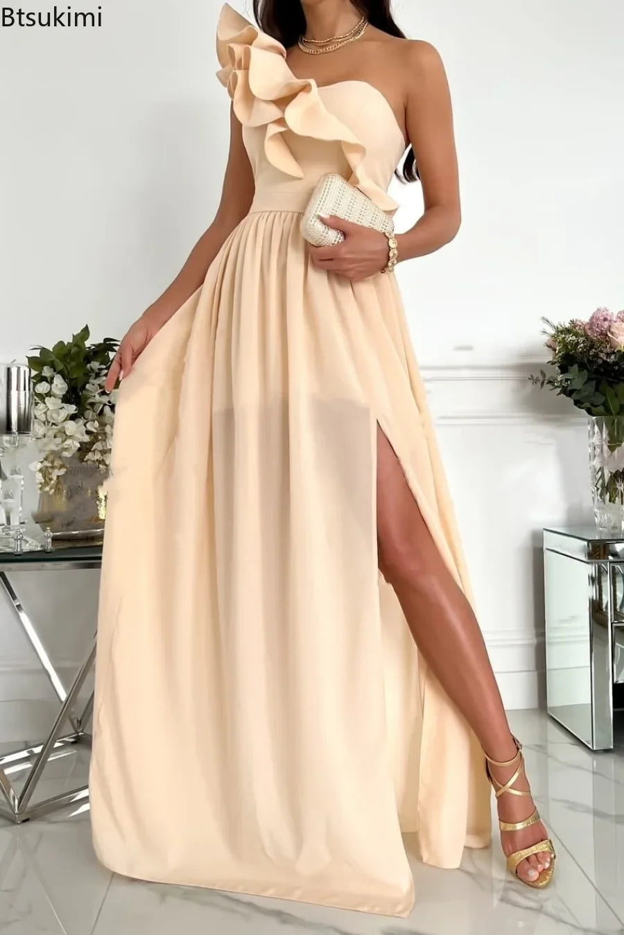 New 2024 Women's Summer Sleeveless Ruffle Hem Split Club Party Dress Solid Elegant Evening Long Dress Female Chiffon Midi Dress