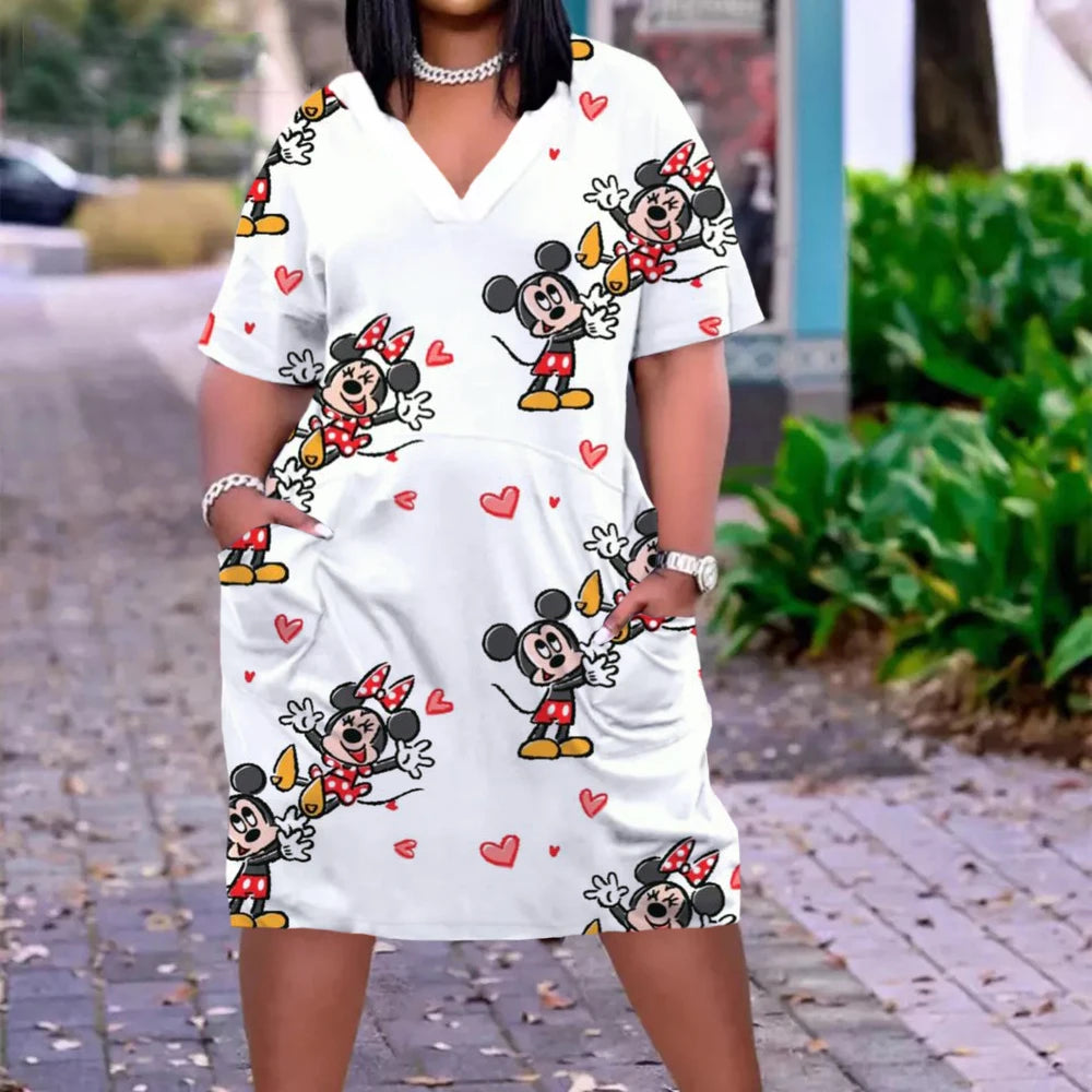 Disney Plus Size Midi Dress Long Sleeve Robe Casual Minnie Mickey Mouse Print Beach Loose Dresses Kawaii Sundress Women Clothing