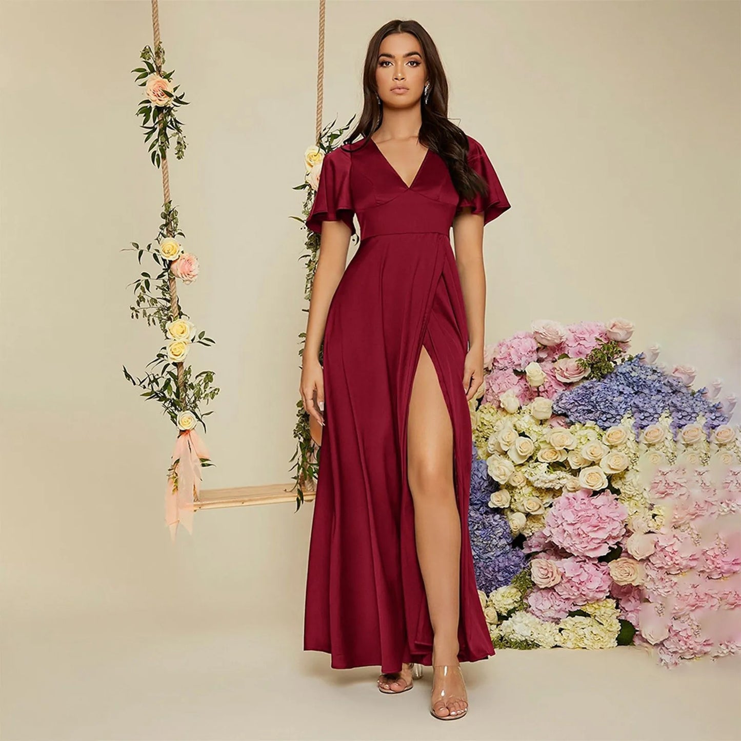 Luxury Prom Evening Dresses Long A-LINE Short Sleeve V-neck Floor-Length 2023 Chiffon Exquisite Bridesmaid Women Dress Vestidos