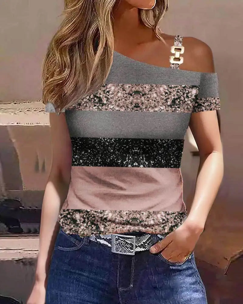 Stripe One Shoulder Short Sleeve Casual Blouse Tops T-shirt