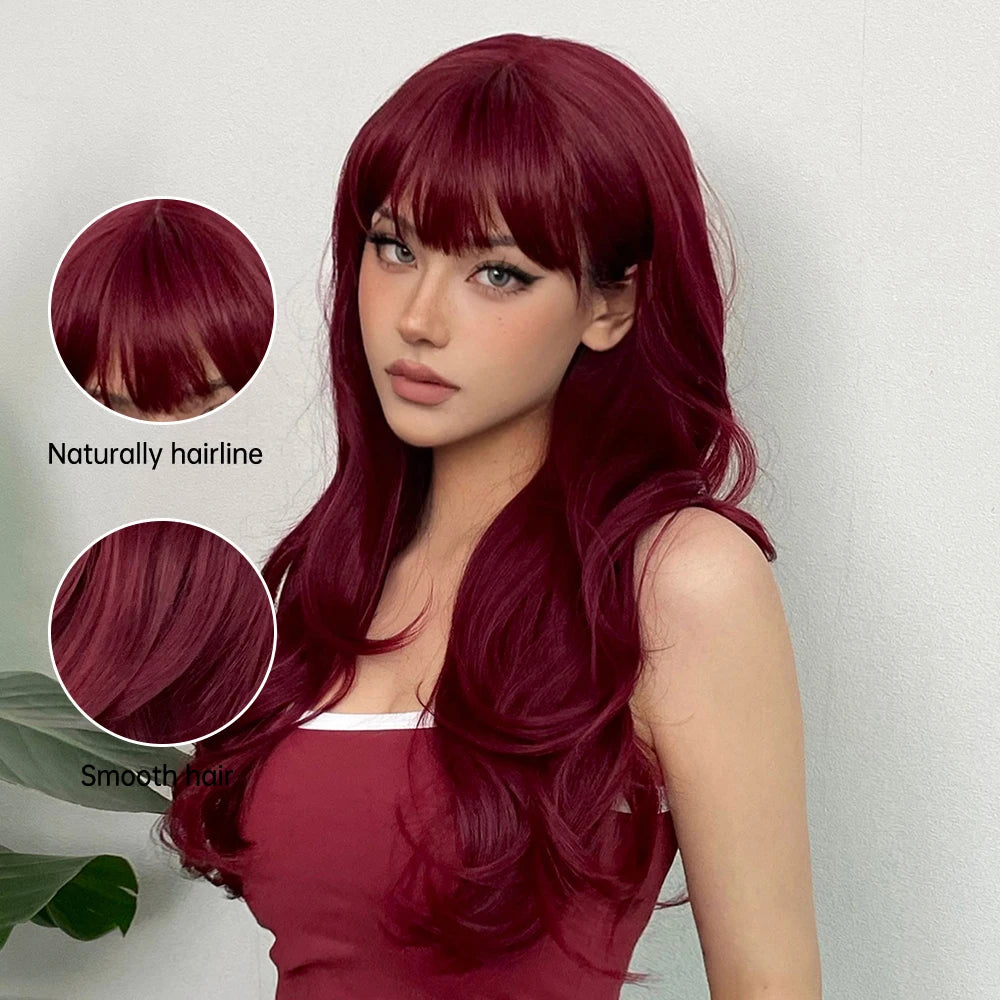 HENRY MARGU Burgundy Long Wavy Wigs Wine Red Wig with Bangs for Women Daily Synthetic Hair Cosplay Wig Heat Resistant Fiber