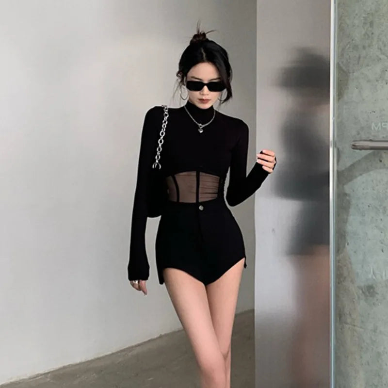 Summer See Through Sexy Mesh T Shirt Long Sleeve Woman Clothes Tops Black Girls Slim Tshirt Female Crop Top Tee Sexy Skinny Y2k