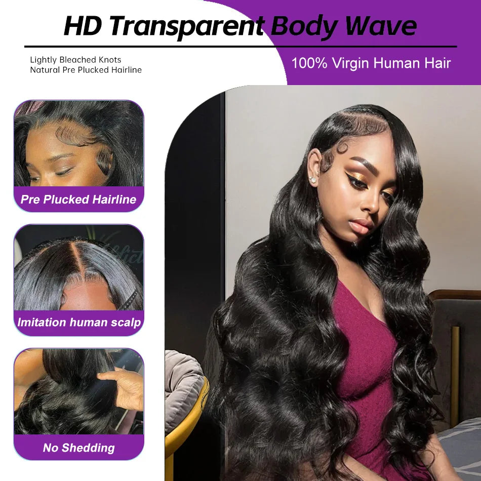 250 Density 13x6 HD Transparent Body Wave Lace Frontal Human Hair Wig 30 40 Inch 13x4 Water Wave Lace Front Wigs For Women