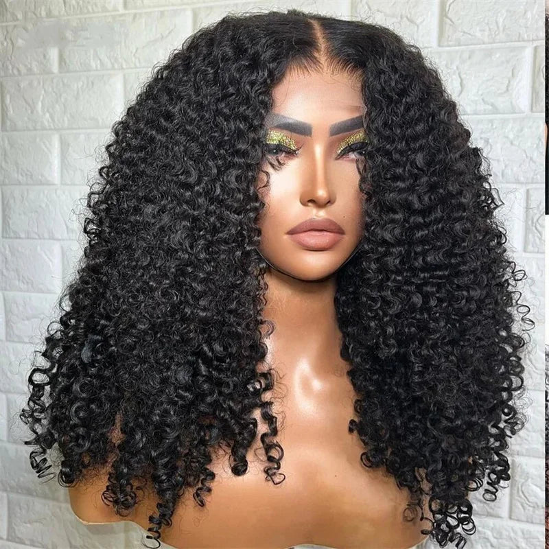 Natural Black Long 24Inch 180Density Soft Glueless Kinky Curly Lace Front Wig For Women With Baby Hair  Preplucked Daily Fashion