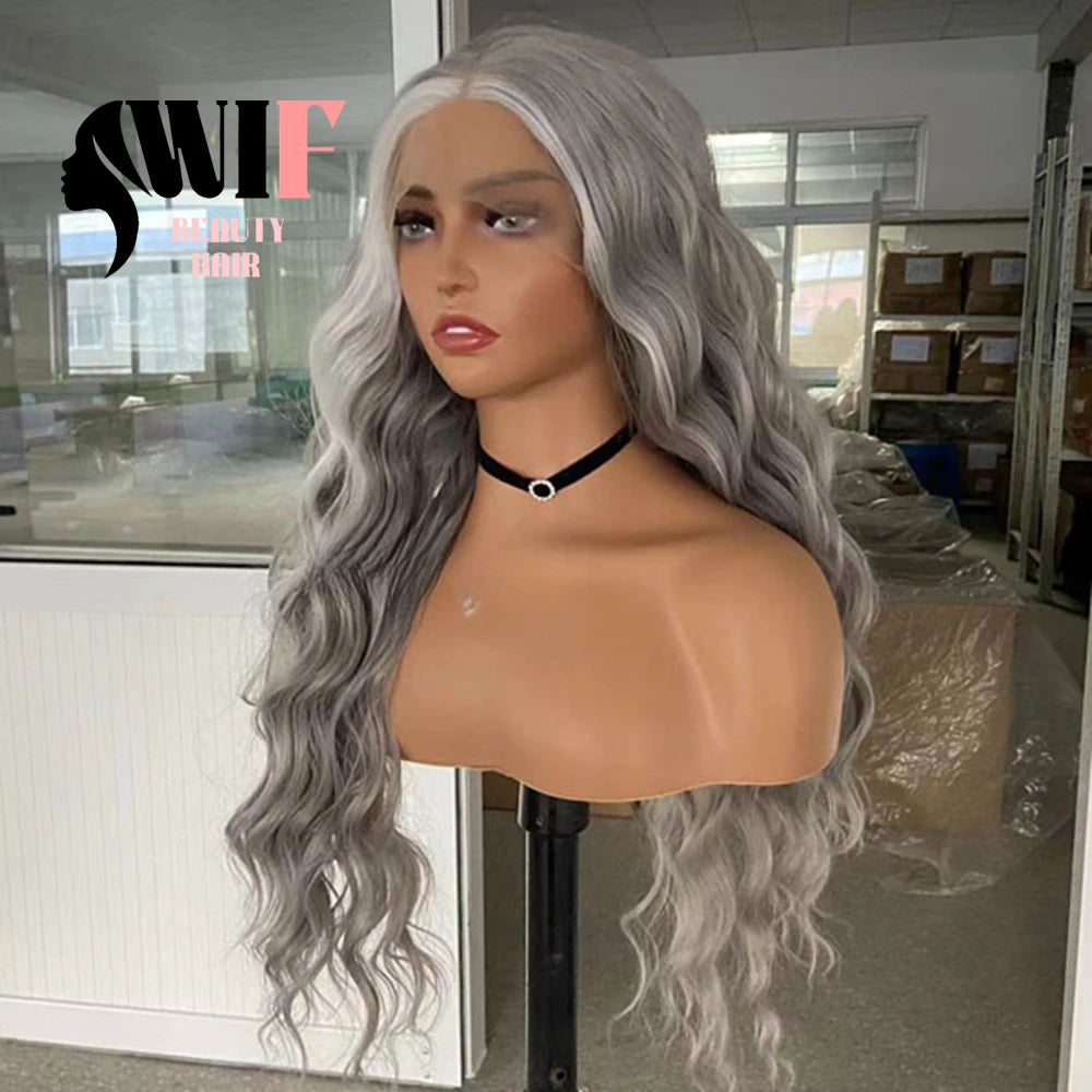 WIF White Highlight Grey Color Body Wavy Synthetic Wig Makup Gray Hair Long Loose Wavy Heat Fiber Lace Front Wigs Daily Cosplay