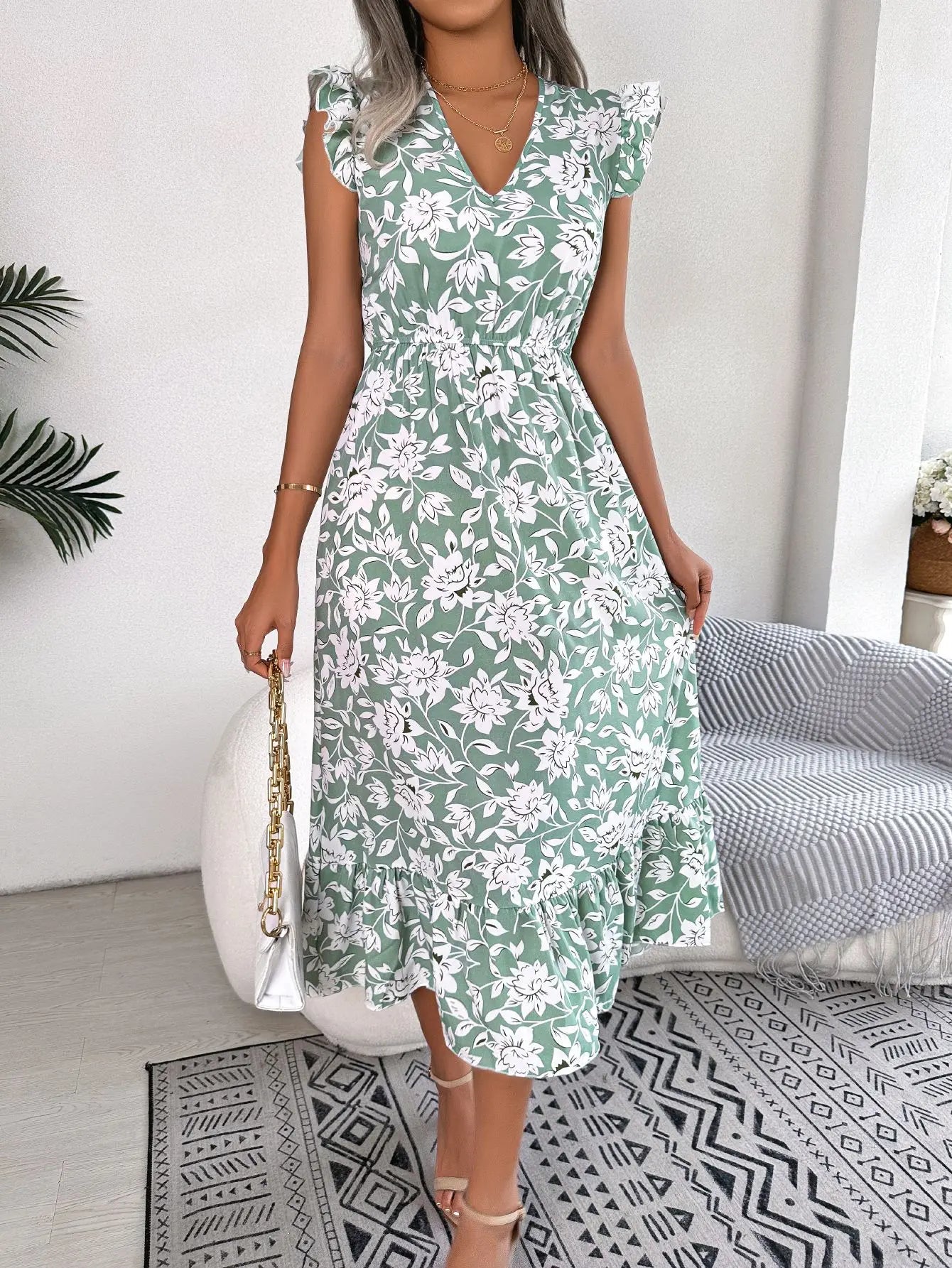 Dresses For Women Summer Print V Neck Sleeveless Dress A Line Beach Midi Dress Robe Female Robe Fashion Ladies Clothes Vestido