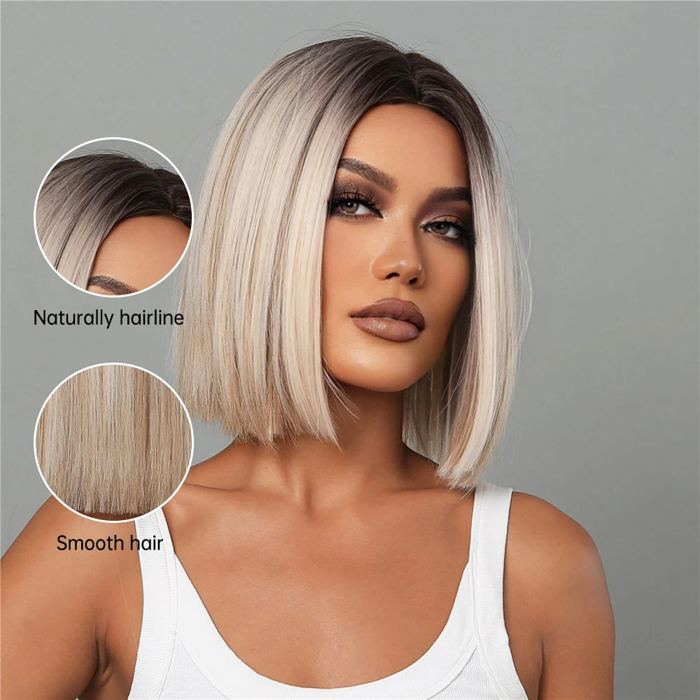 Brown Blonde Ombre Synthetic Wigs Short Straight Bob Wigs for Women Middle Part Lolita Cosplay Natural Hair Heat Resistant Fiber