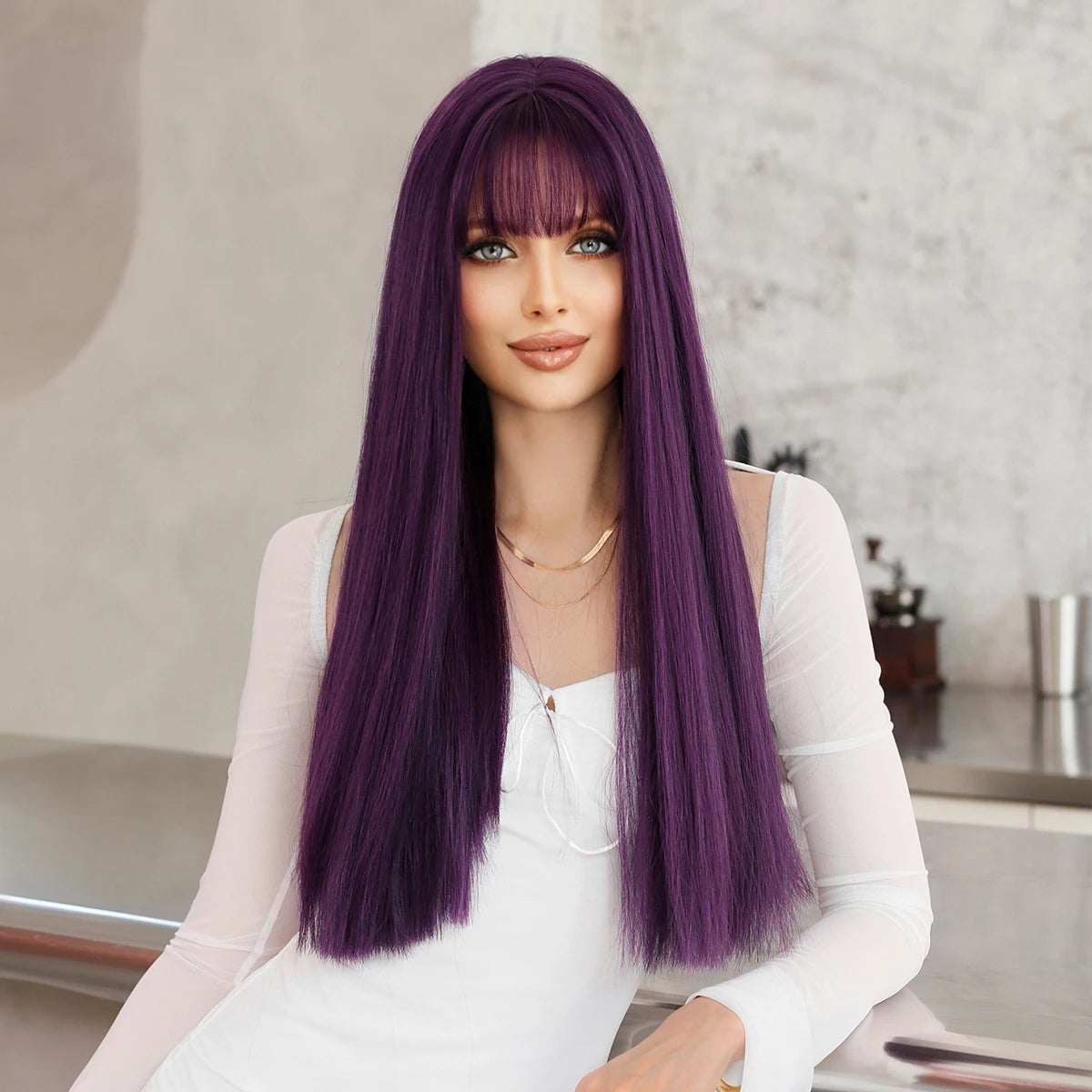 NAMM Long Straight Purple Wig For Woman Daily Party Cosplay Lolita wig Natural Synthetic Wig with bangs Heat Resistant Fiber