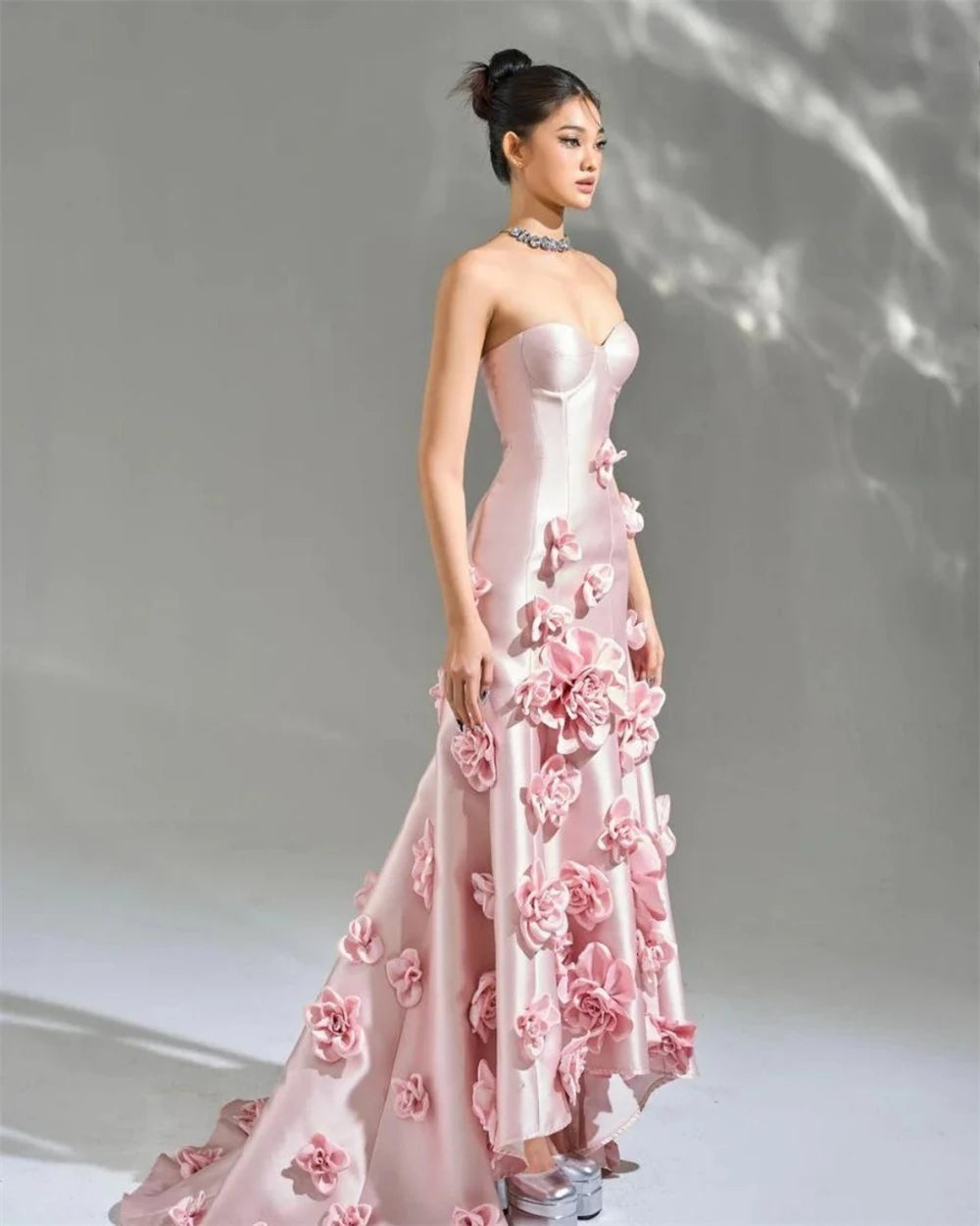 Prom Dress فساتين السهرة   3D Flowers Sweetheart Satin Formal Occasion Women 2023 New Evening Gown Arab Saudi فستان حفلة موسيقية