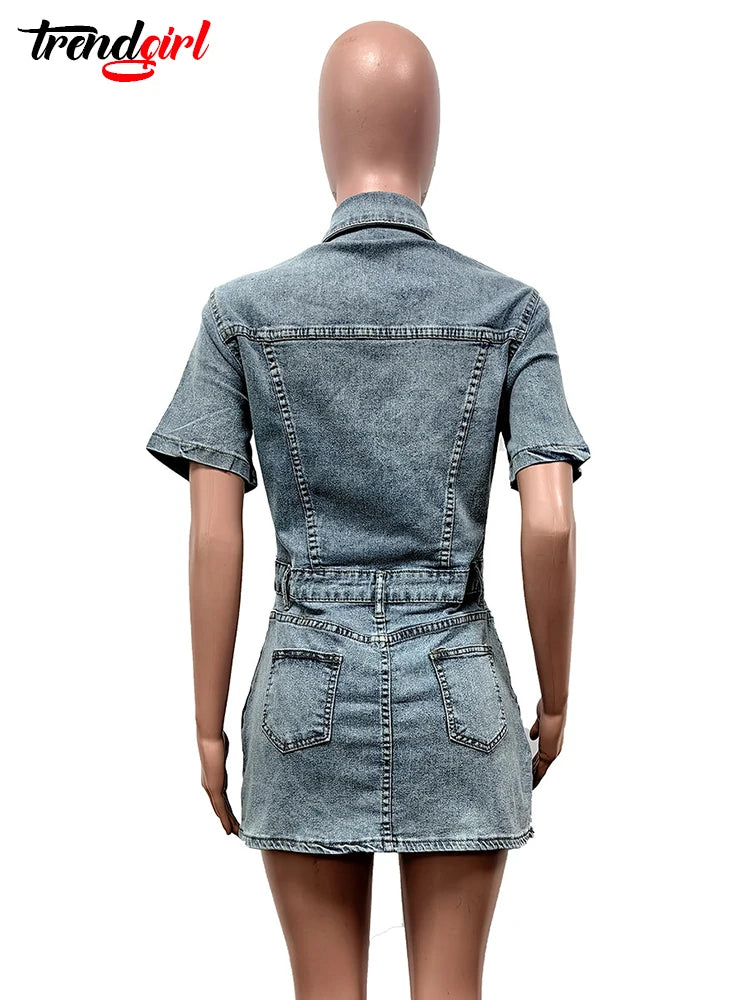 Trendgirl Elegant Stretch Short Sleeve Dress Denim Summer Women Slim Solid Pockets Birthday Party Bodycon Jean Mini Vestido 2024