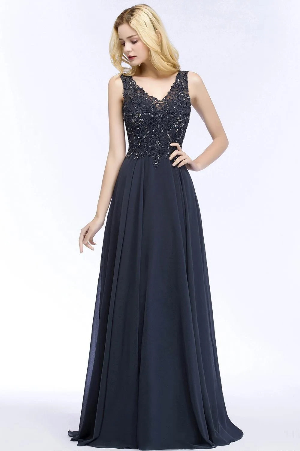 BABYONLINE Navy Blue Evening Dresses Women V Neck Lace Appliques Beaded A Line Skirt Chiffon Prom Party Bridesmaid Gowns