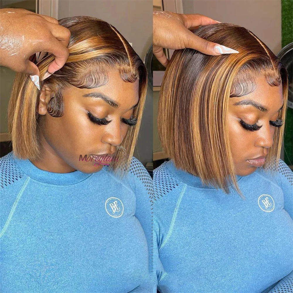 Glueless Human Hair Highlight Edges Brown Straight Short Bob Wig 5x5 Lace Front Wigs Preplucked Lace Closure Wig