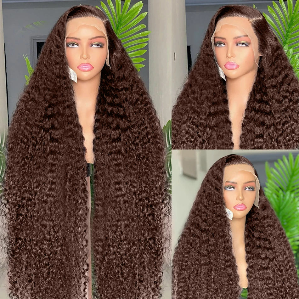 Rosabeauty Chocolate Brown Curly Wigs 13X6 HD Human Hair Lace Frontal Wig 30 32 Inch 13x4 Deep Wave Colored Glueless For Women